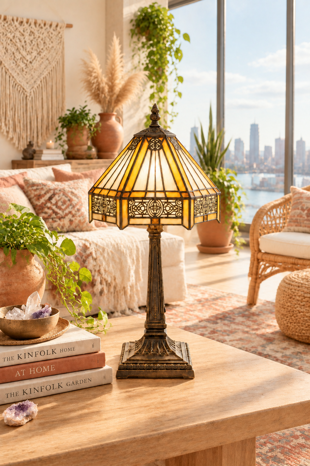 Art Deco Tiffany style table lamp on a wooden table.