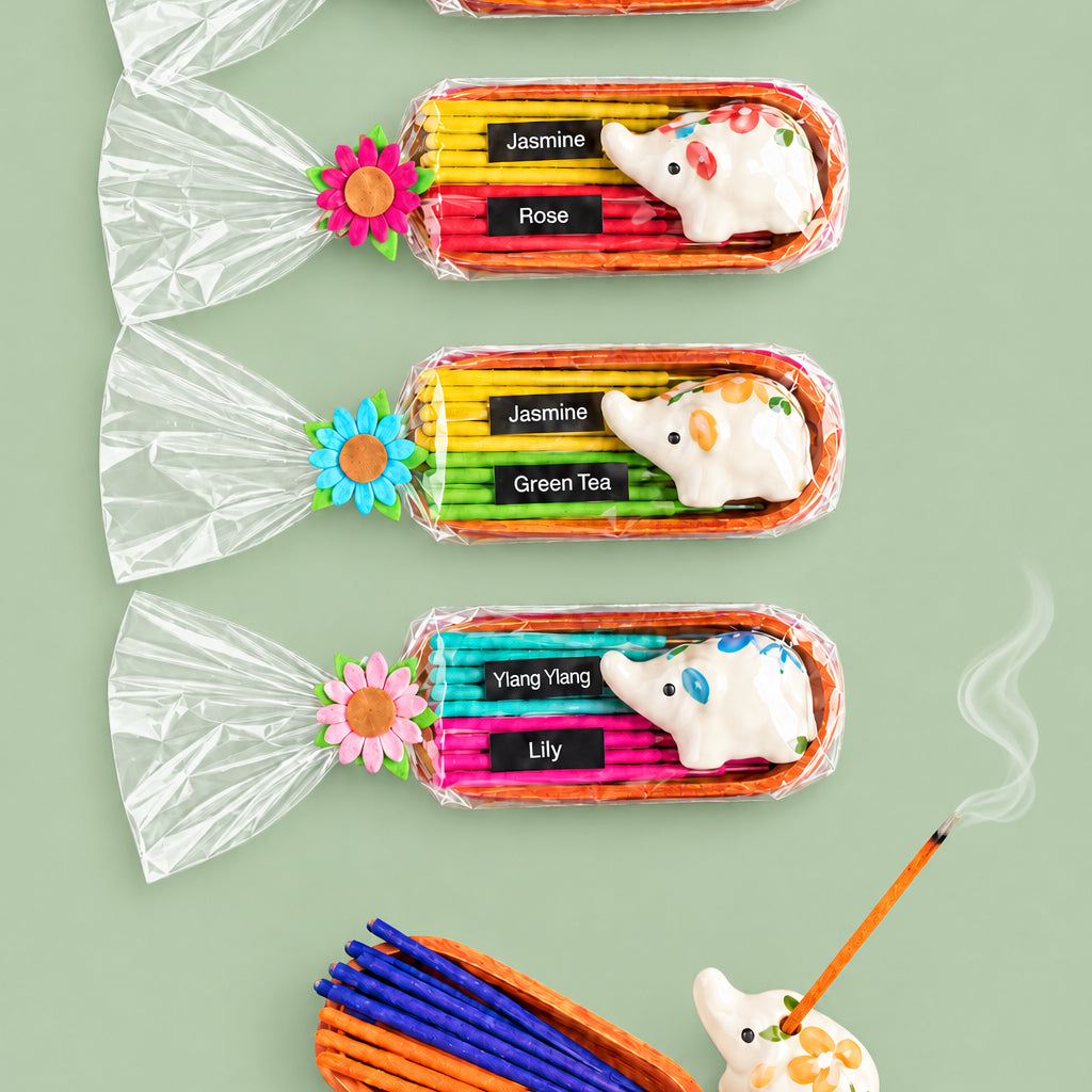 A set of colorful incense sticks with decorative flowers, placed in clear plastic trays, displayed against a sage background.