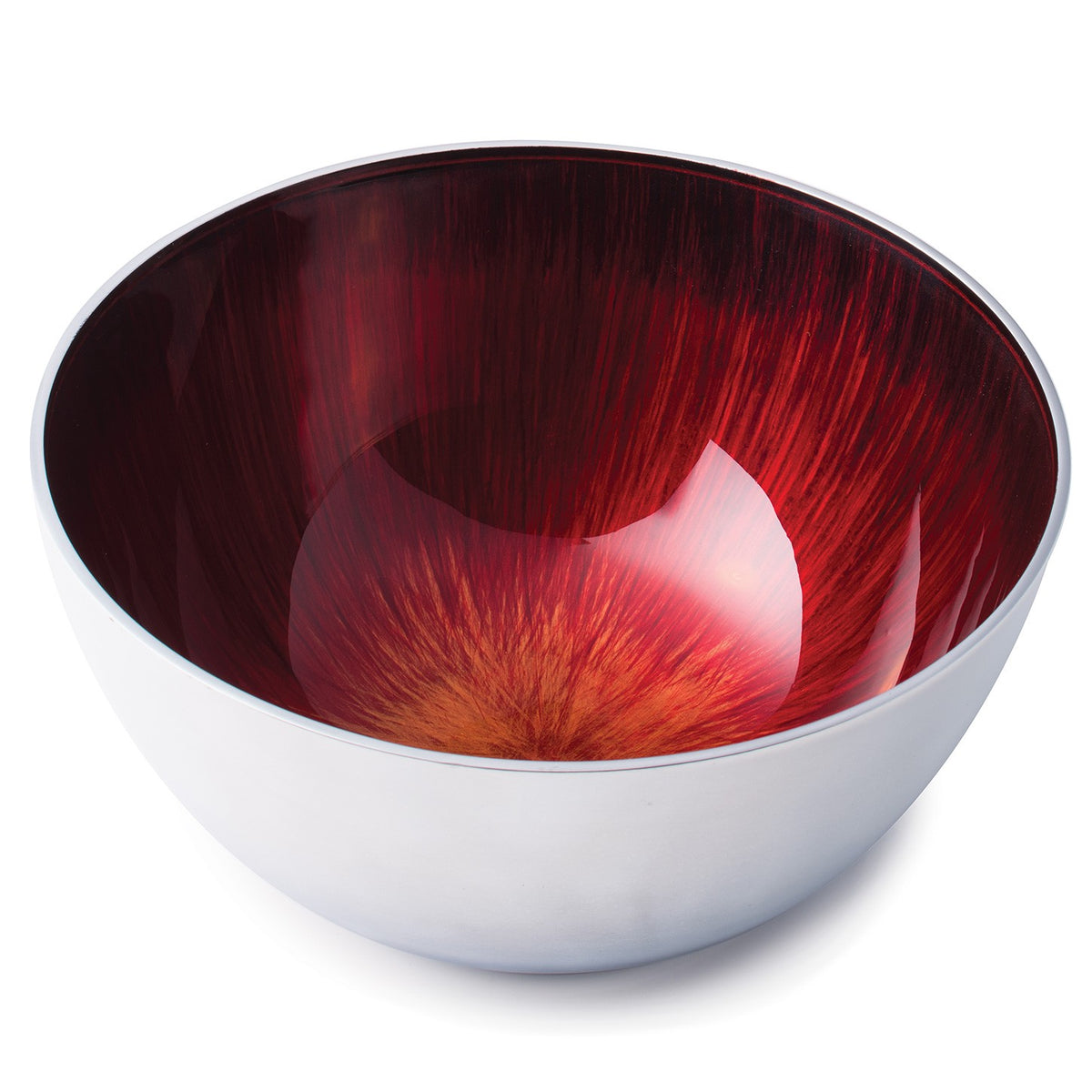 Large aluminium salad bowl with a red interior and silver exterior on a white background