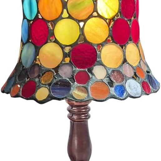 A multicoloured Tiffany-style table lamp with a stained glass shade, featuring a bronze base.