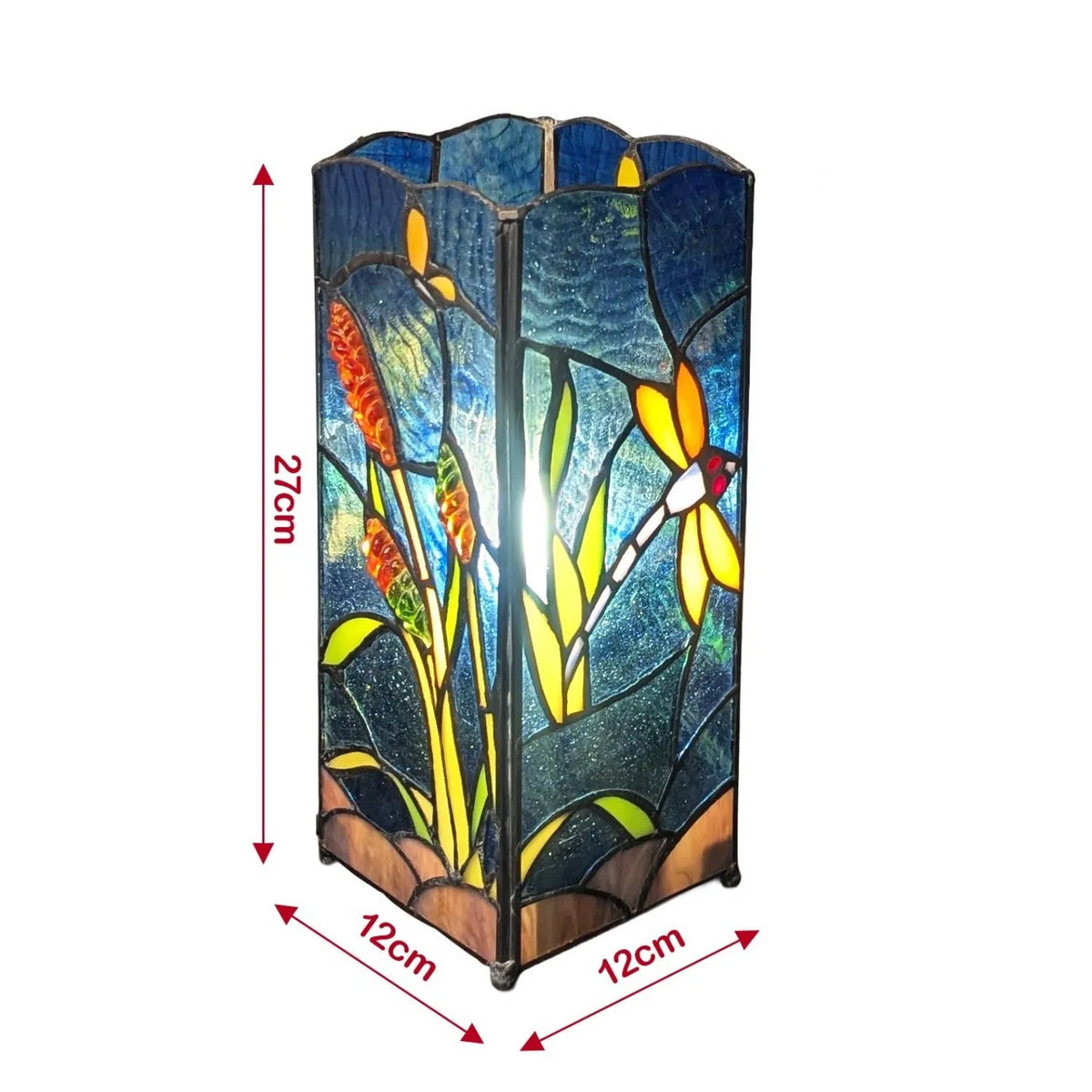 Stained glass lamp with floral design and dimensions on a white background