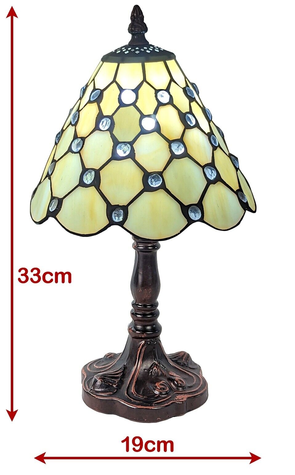 Decorative table lamp with stained glass shade and measurements.
