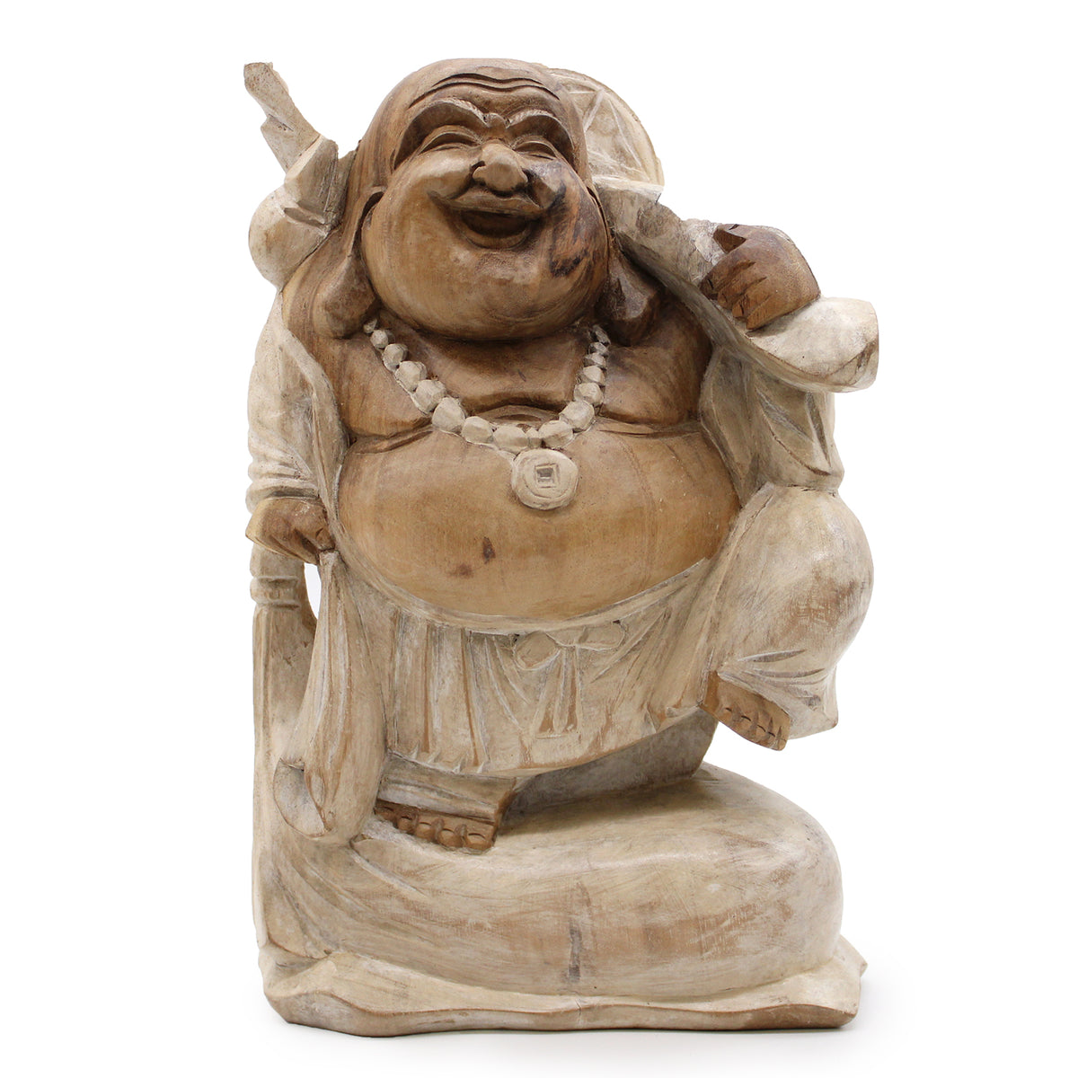 Wooden statue of a laughing Buddha figure with a white background