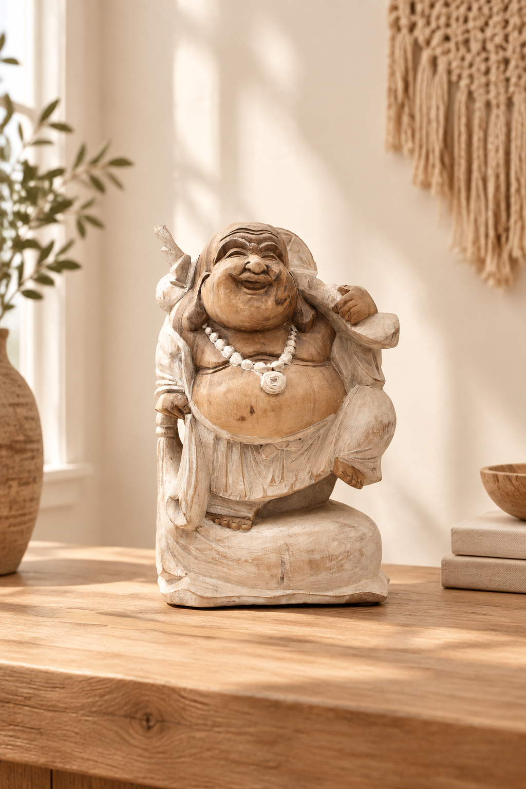 A carved wooden Laughing Buddha figurine sits on a light wood table in a warm, sunlit room. The statue features a distressed, weathered finish in natural tan and beige tones, with a white beaded necklace detail.
