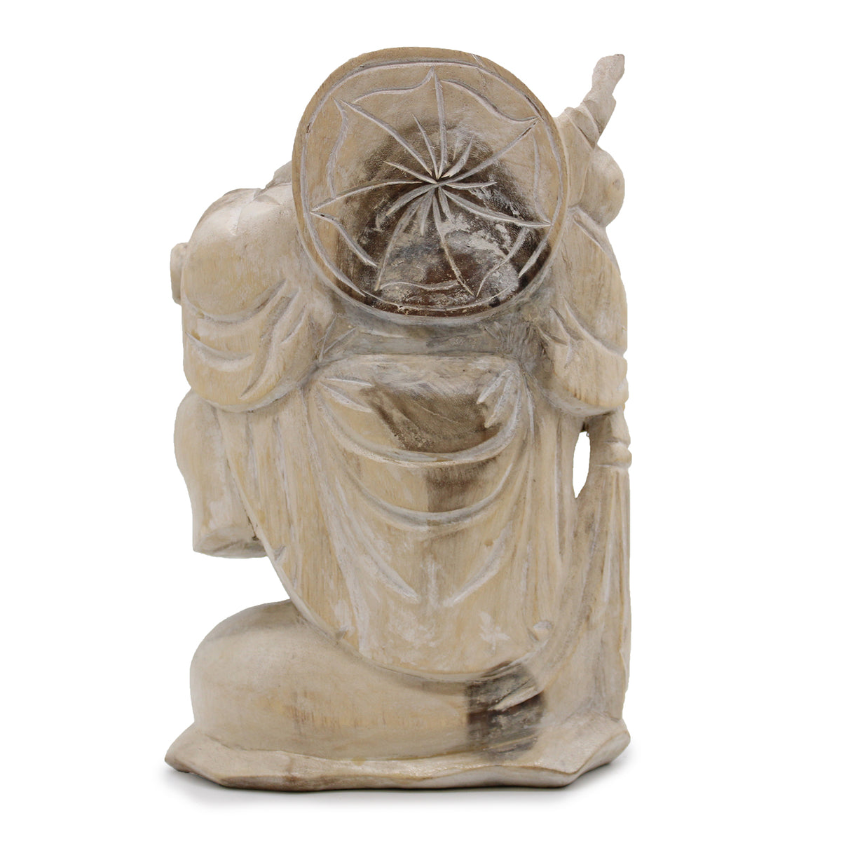 Decorative wooden sculpture of a figure with a circular design on a white background