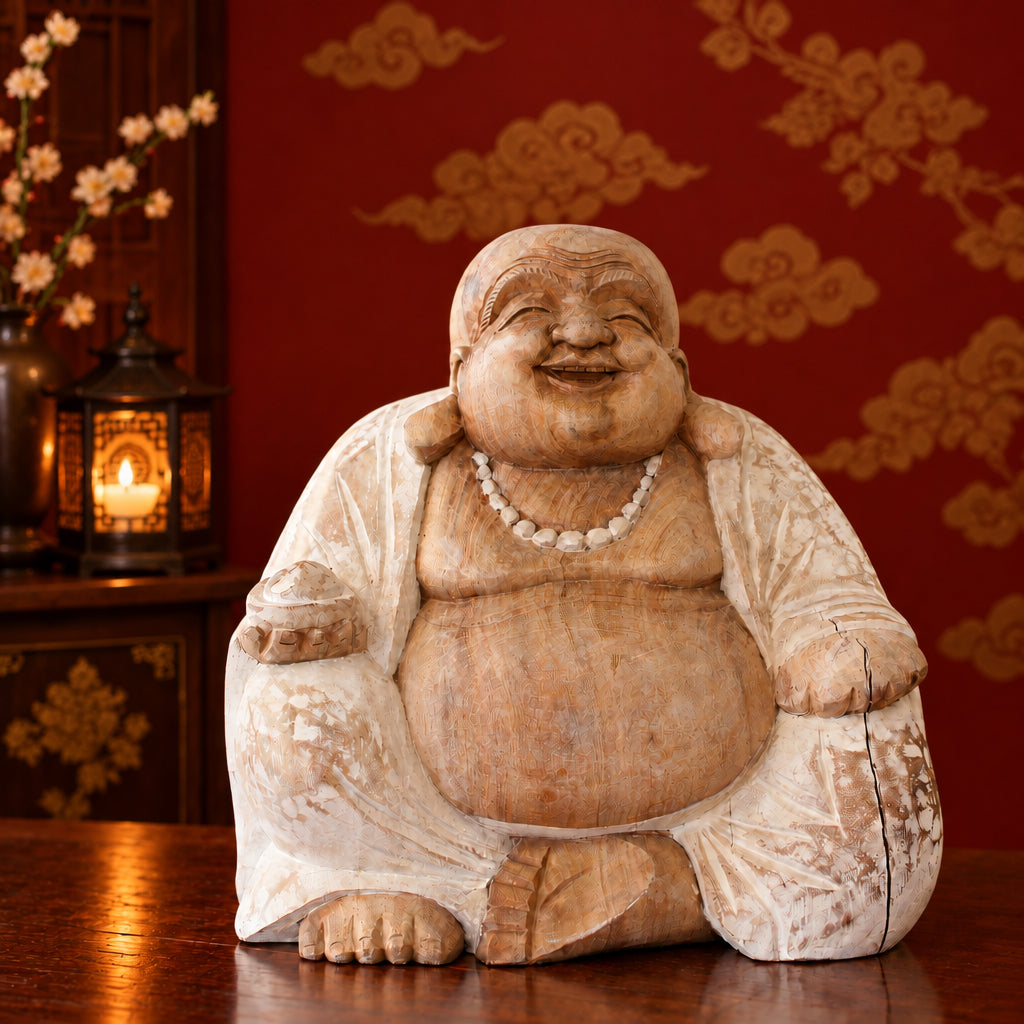 Wooden laughing Buddha statue on a wooden surface with chinese lantern and flowers, indoor background.