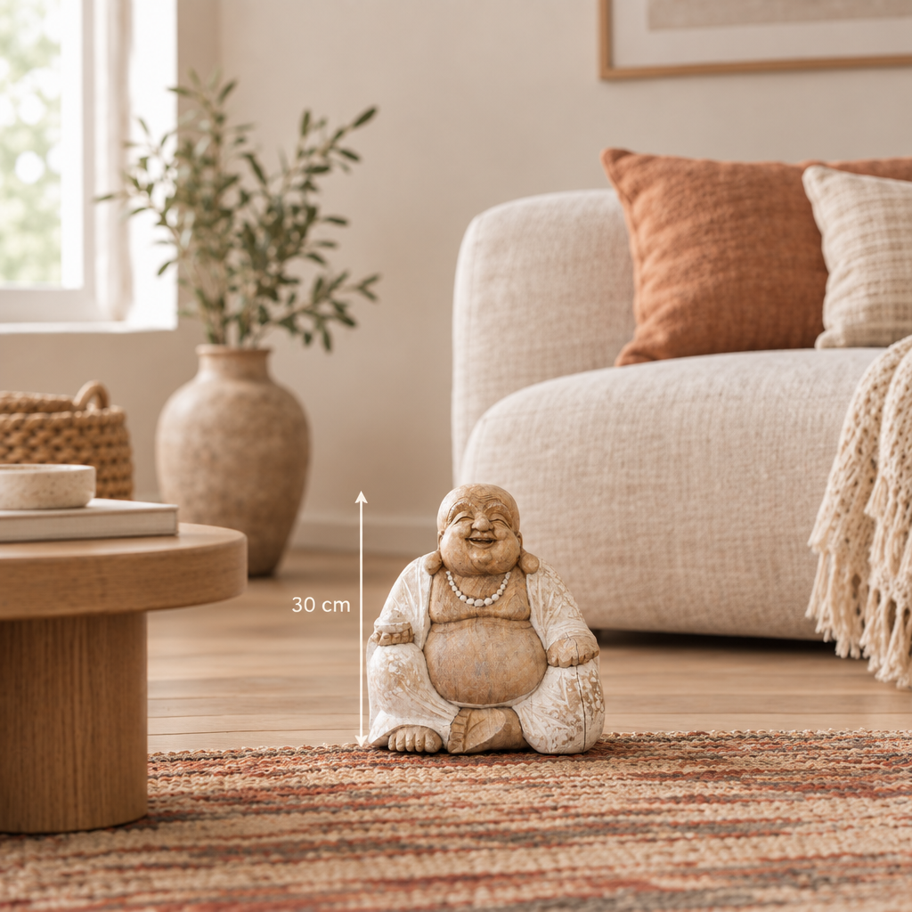A small seated Buddha figurine in a warm beige stone-like finish is placed on a patterned rug in a styled living room. A vertical arrow with '30 cm' text indicates the figurine's height.