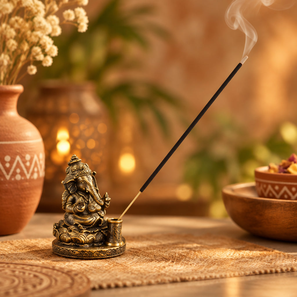 Ganesh design incense stick holder with antique brass finish.