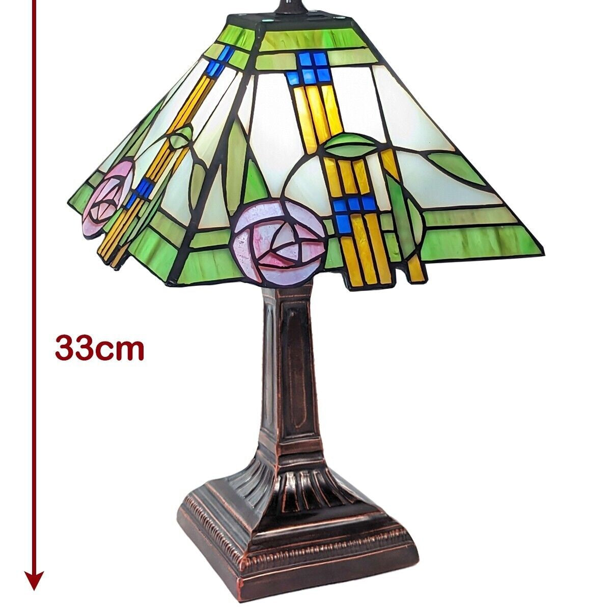 Mackintosh rose pyramid Tiffany table lamp with 33cm height and 21.5cm width dimensions overlay