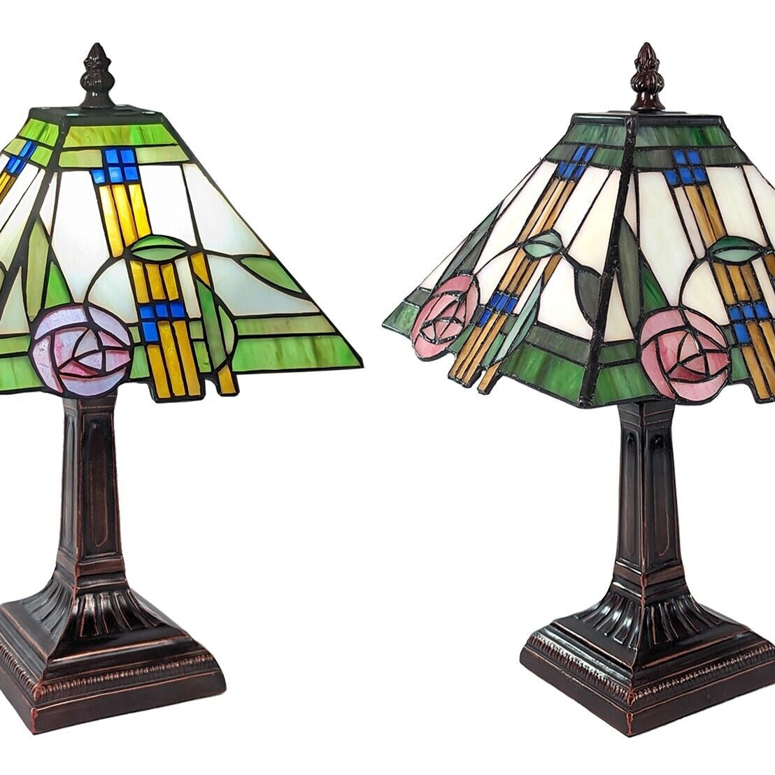 Side-by-side comparison of lit and unlit Mackintosh rose pyramid Tiffany table lamp showing stained glass details