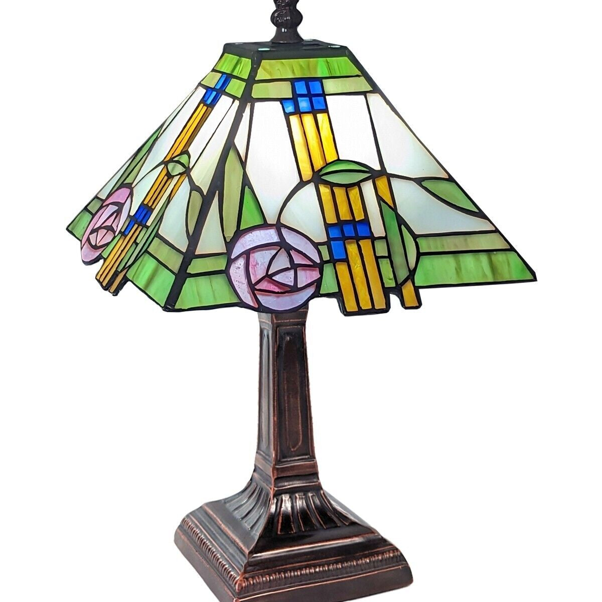 A Tiffany style pyramid table lamp with a multicolored stained glass shade and a dark metal base, resembling the art style of Mackintosh.