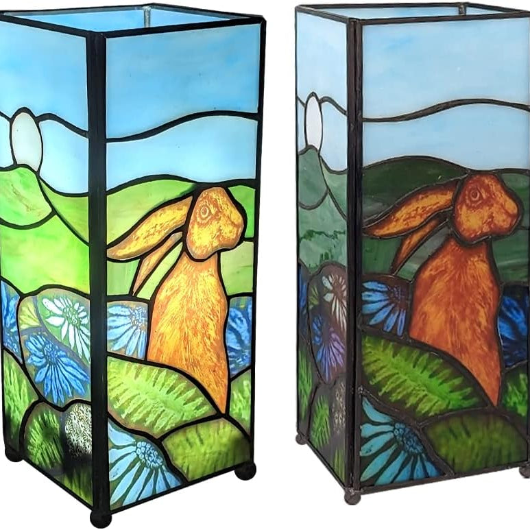 Square rabbit design Tiffany table lamp unlit detail | stained glass