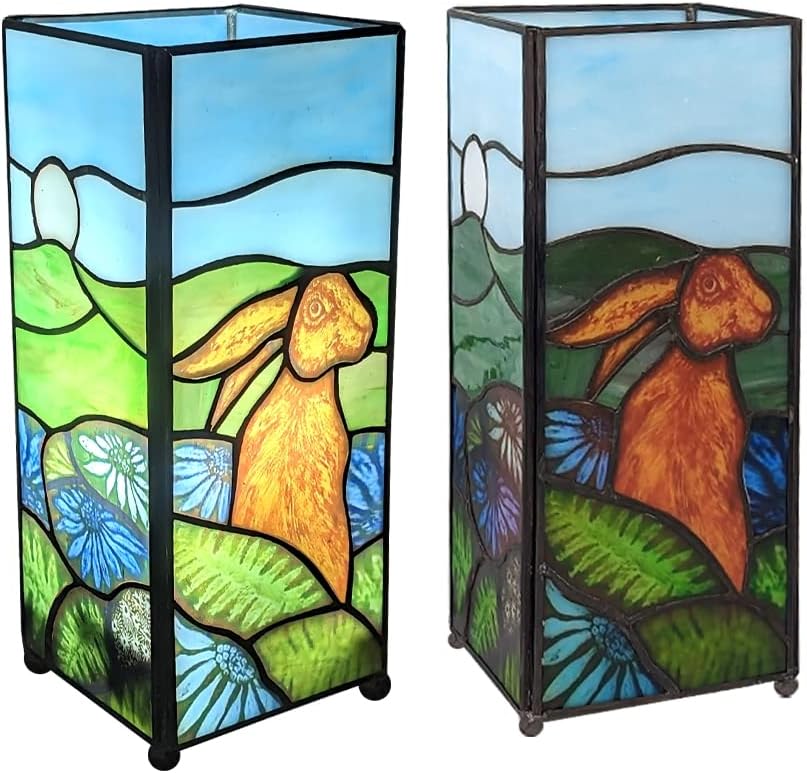Square rabbit design Tiffany table lamp unlit detail | stained glass