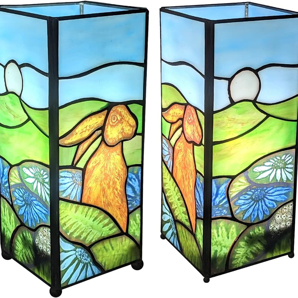 Square rabbit design Tiffany table lamp showing side and back stained glass panels | stained glass