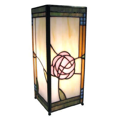 A square-shaped Tiffany style table lamp with a floral pattern in shades of pink and green, housed in a rectangular metal frame.