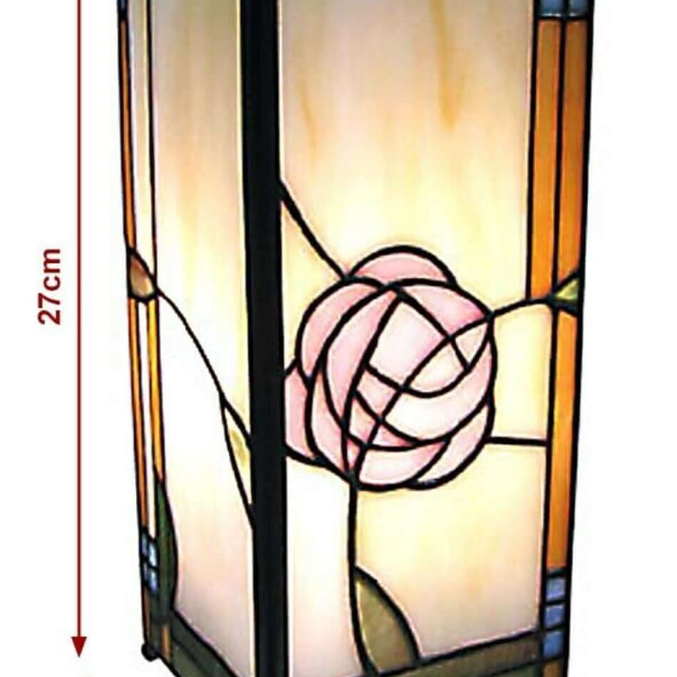Rose Mackintosh square Tiffany style table lamp with 27cm height, 12cm width, and 12cm depth dimensions overlay
