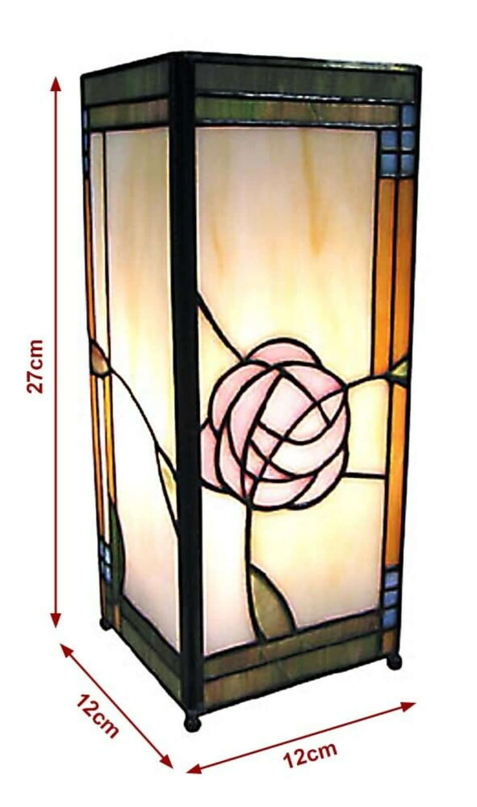 Rose Mackintosh square Tiffany style table lamp with 27cm height, 12cm width, and 12cm depth dimensions overlay