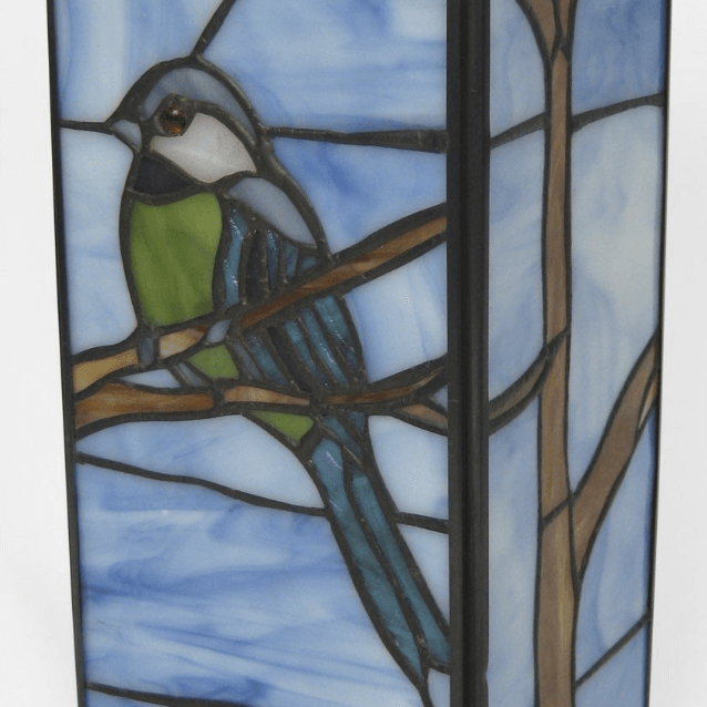 Unlit square Blue Tit Tiffany style stained glass table lamp showing side panel detail