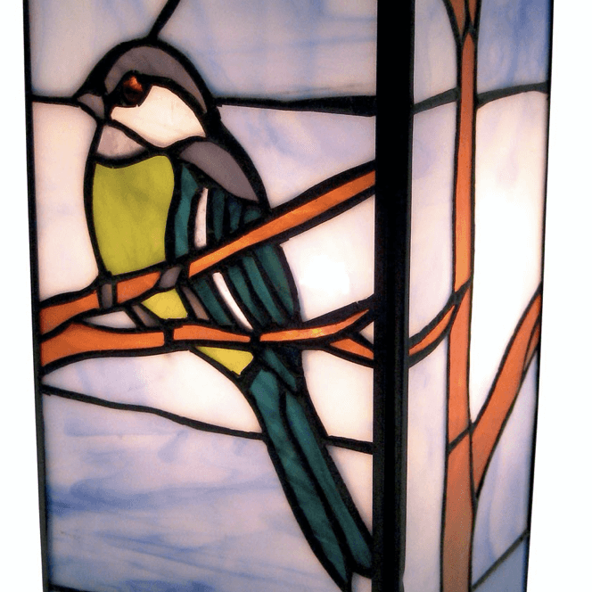 Square blue tit design Tiffany style stained glass table lamp lit up