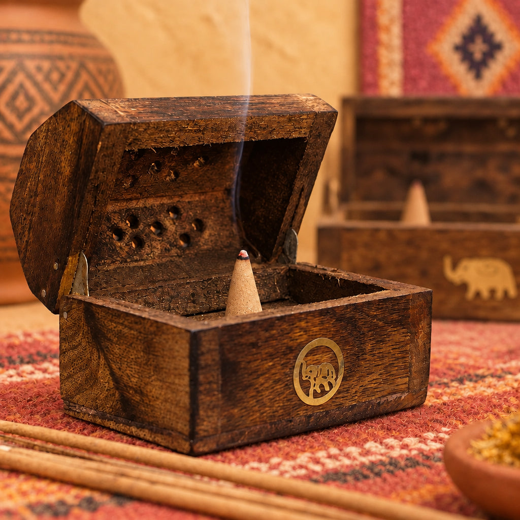 Wooden incense box with a lid open, containing incense sticks and a cone, on a kilim rug 