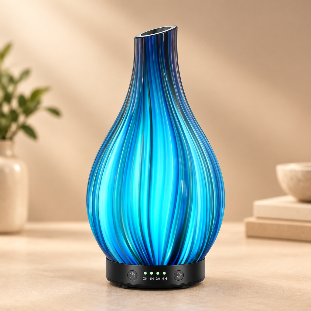 Electric Oil Diffuser with blue glass shown on a beige table
