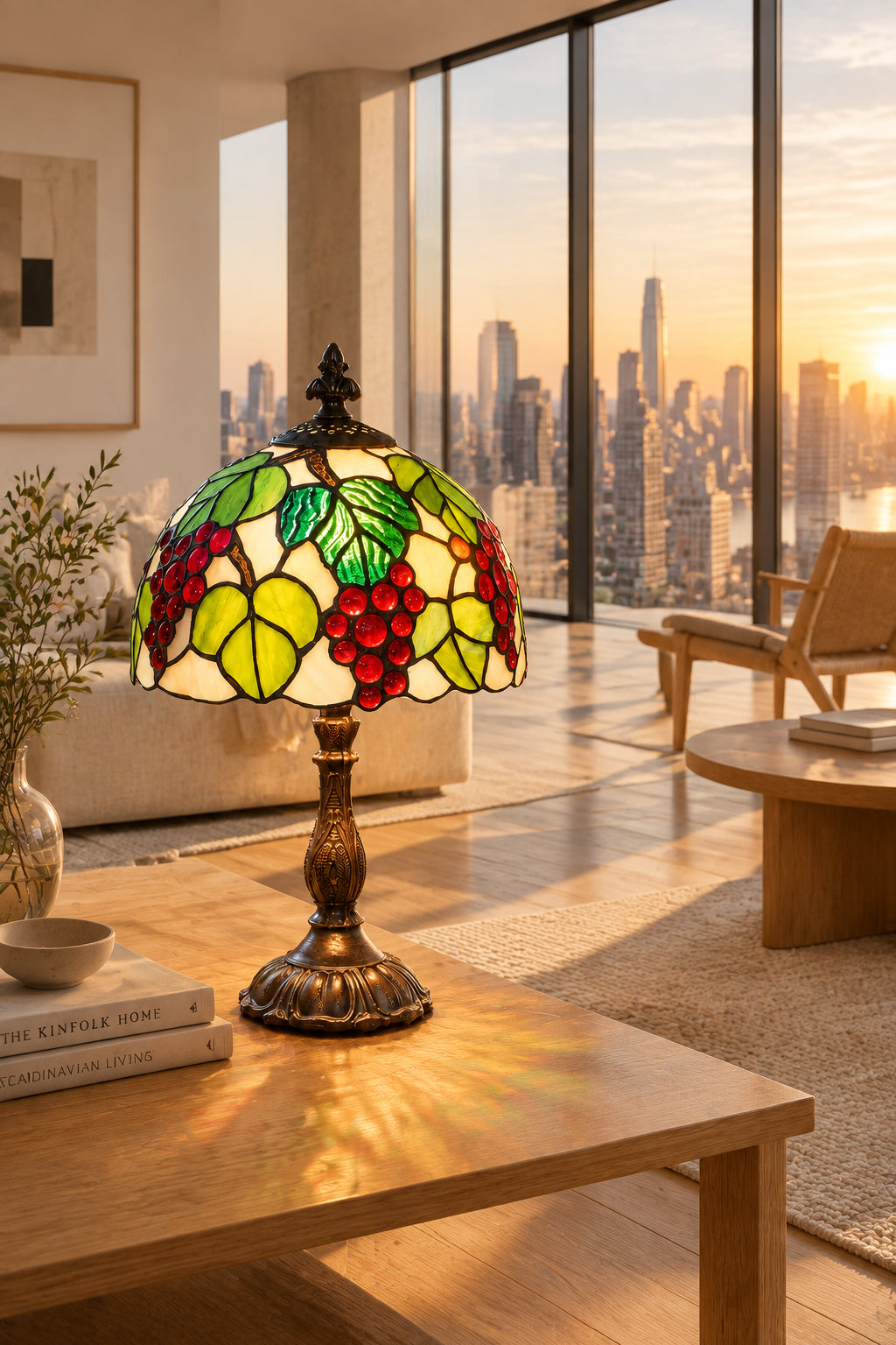 A Tiffany-style stained glass table lamp featuring green leaves and red grape clusters on a white background, mounted on an ornate bronze-colored metal base and set on a dark wooden table against a neutral wall.
