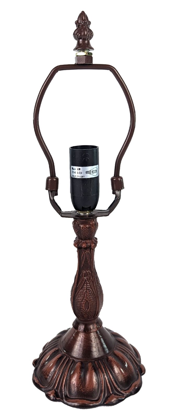 A bronze-finished metal table lamp base with an arched neck and a black socket holder in the center, shown against a plain white background.