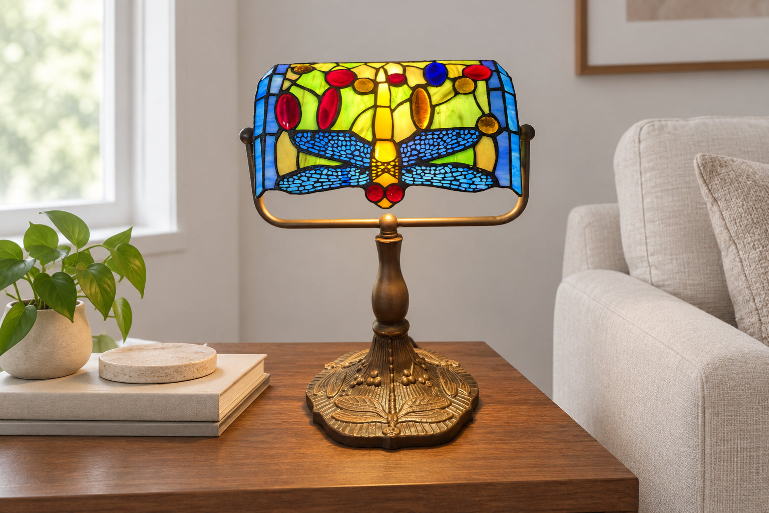 A Tiffany-style stained glass desk lamp featuring a dragonfly design, displayed on a dark wood side table in a home setting.