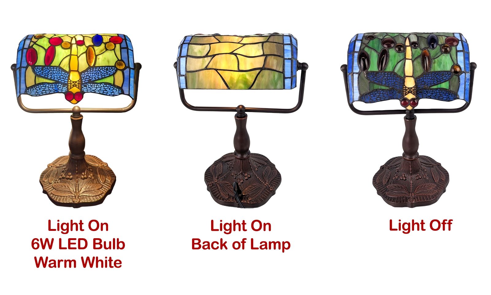 Three views of a stained-glass dragonfly table lamp on a white background, labeled 'Light On 6W LED Bulb Warm White', 'Light On Back of Lamp', and 'Light Off'. The lamp features a multi-colored stained-glass shade with blue, yellow, green, and red details, a dark bronze metal frame and base, and is shown both lit and off.