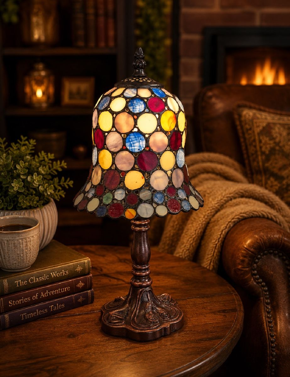 A stained glass table lamp with a colorful circular pattern and an ornate dark bronze base, styled on a wooden table next to a leather armchair in a cozy living room setting.