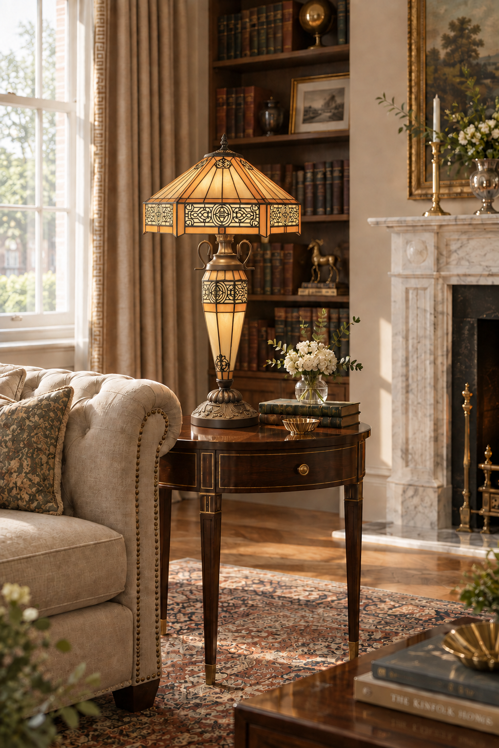 A Tiffany-style stained glass table lamp with a geometric cutout shade and ornate base, styled on a dark wood end table in a classic living room next to a beige sofa and in front of a fireplace.