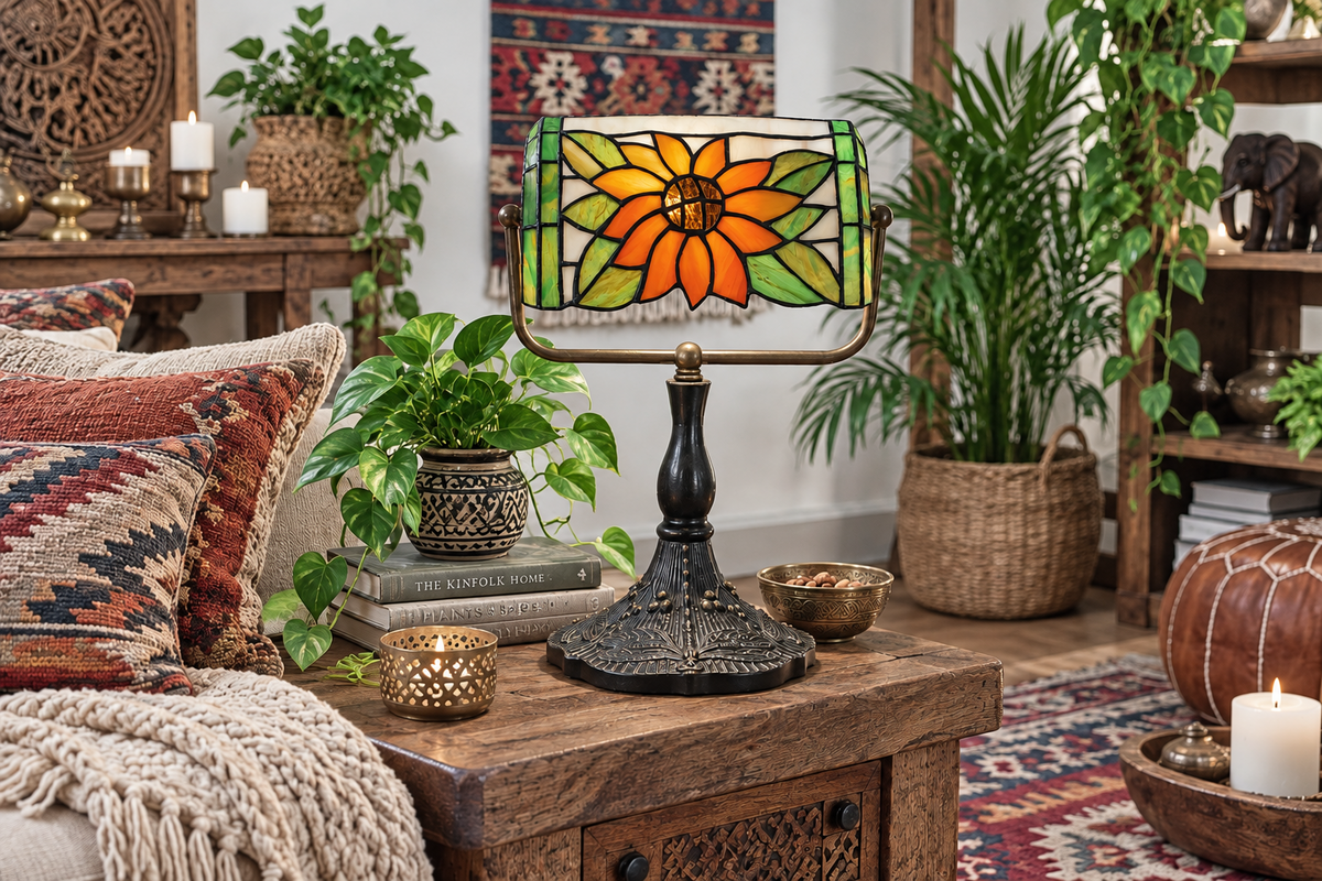 A decorative table lamp with a stained-glass style sunflower shade and a dark metal base, styled on a wooden side table in a cozy, rustic living room setting with plants, pillows, and candles.