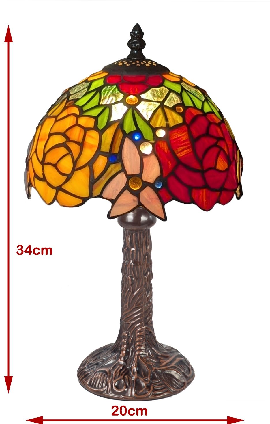Tiffany-style stained glass table lamp with a multicolor floral design on a tree trunk base, shown with red dimension arrows and labels indicating 34cm height and 20cm width on a white background.
