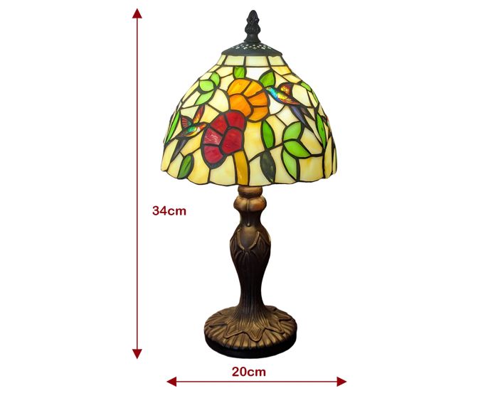 A stained glass table lamp with a floral design, featuring a dark bronze base and a multi-colored shade with yellow, green, red, and orange glass panels. Red dimension arrows and text labels indicate a height of 34cm and a width of 20cm on a plain white background.