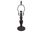 A dark bronze table lamp with an ornate carved base, a curved metal shade support, and a black socket, shown against a plain white background.