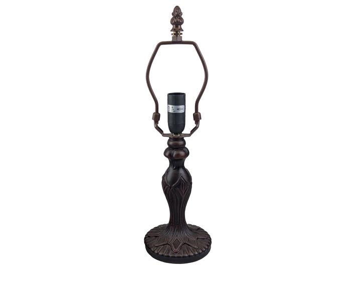 A dark bronze table lamp with an ornate carved base, a curved metal shade support, and a black socket, shown against a plain white background.