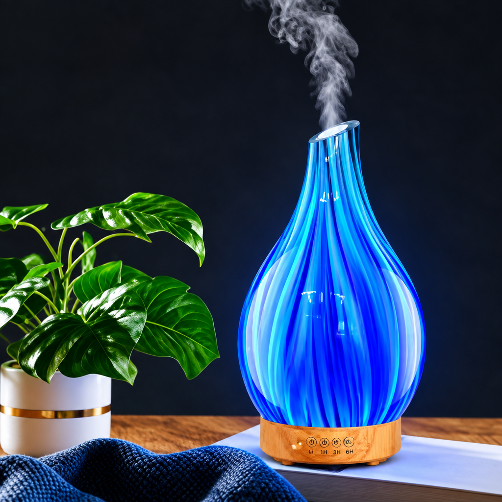 Blue glass electric diffuser on table with plant pot