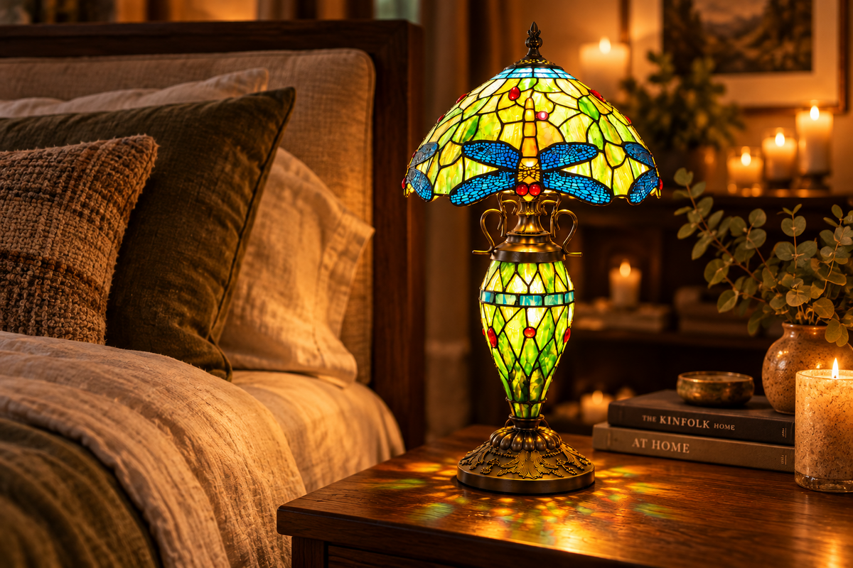 A stained glass table lamp with a dragonfly design sits on a wooden bedside table in a cozy bedroom setting, casting a warm yellow and green glow onto the bedding and books.