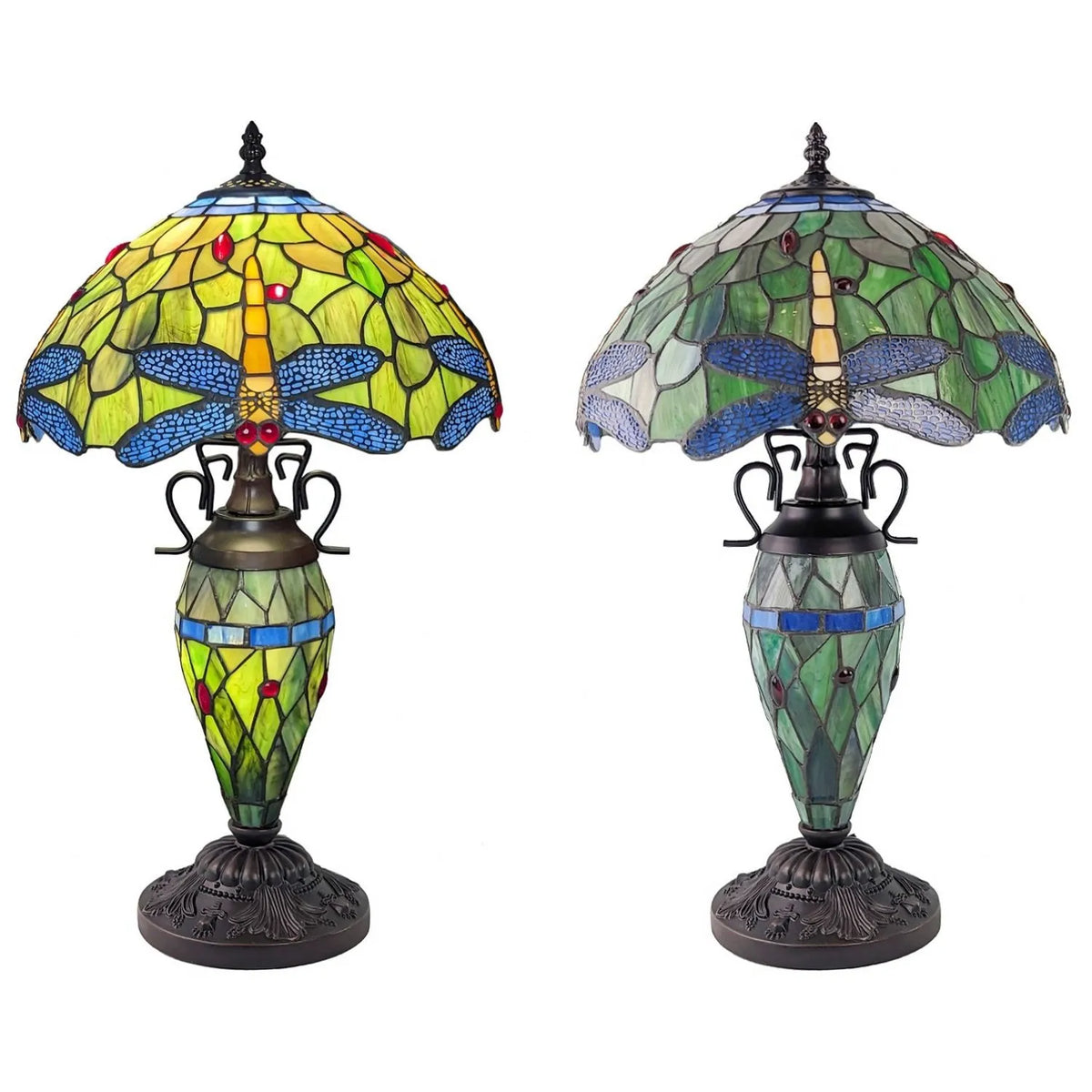 Two stained glass table lamps with dragonfly designs on a white background