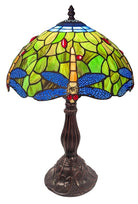 Tiffany-style table lamp with stained glass shade featuring a dragonfly design on a white background.