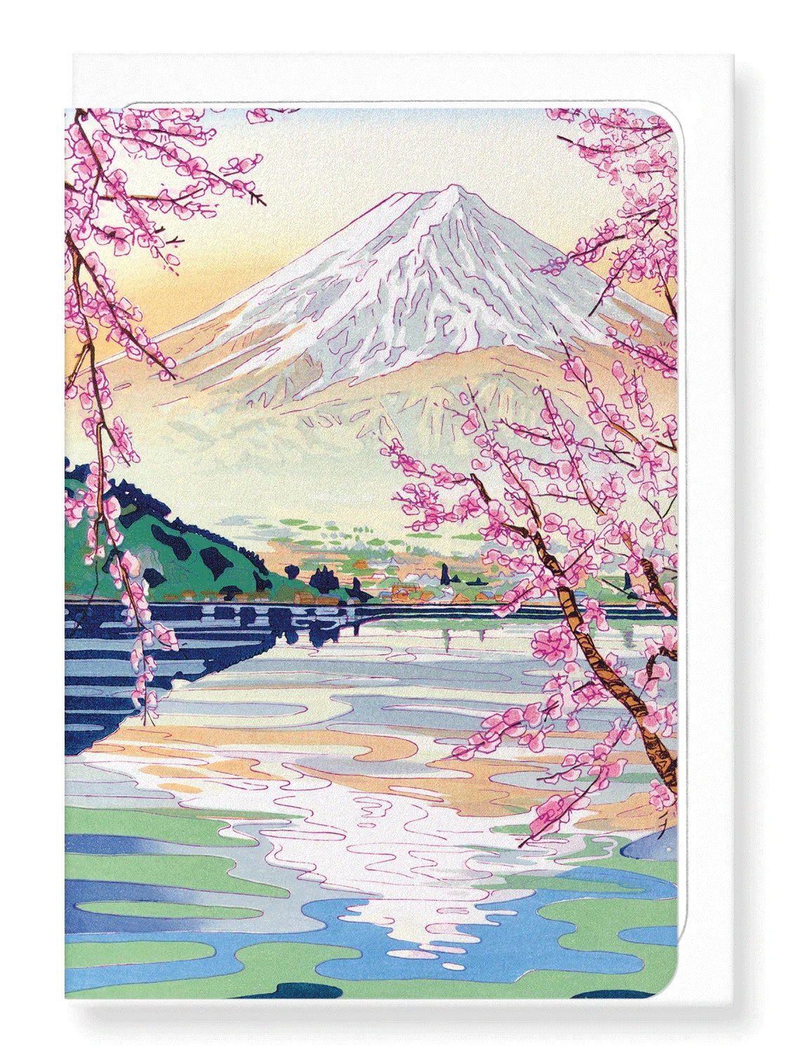 A Japanese greeting card featuring a traditional design with Mount Fuji, cherry blossoms, and a calm lake.