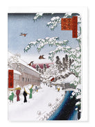 Japanese greeting card with winter scene illustration featuring snow-covered houses and people.
