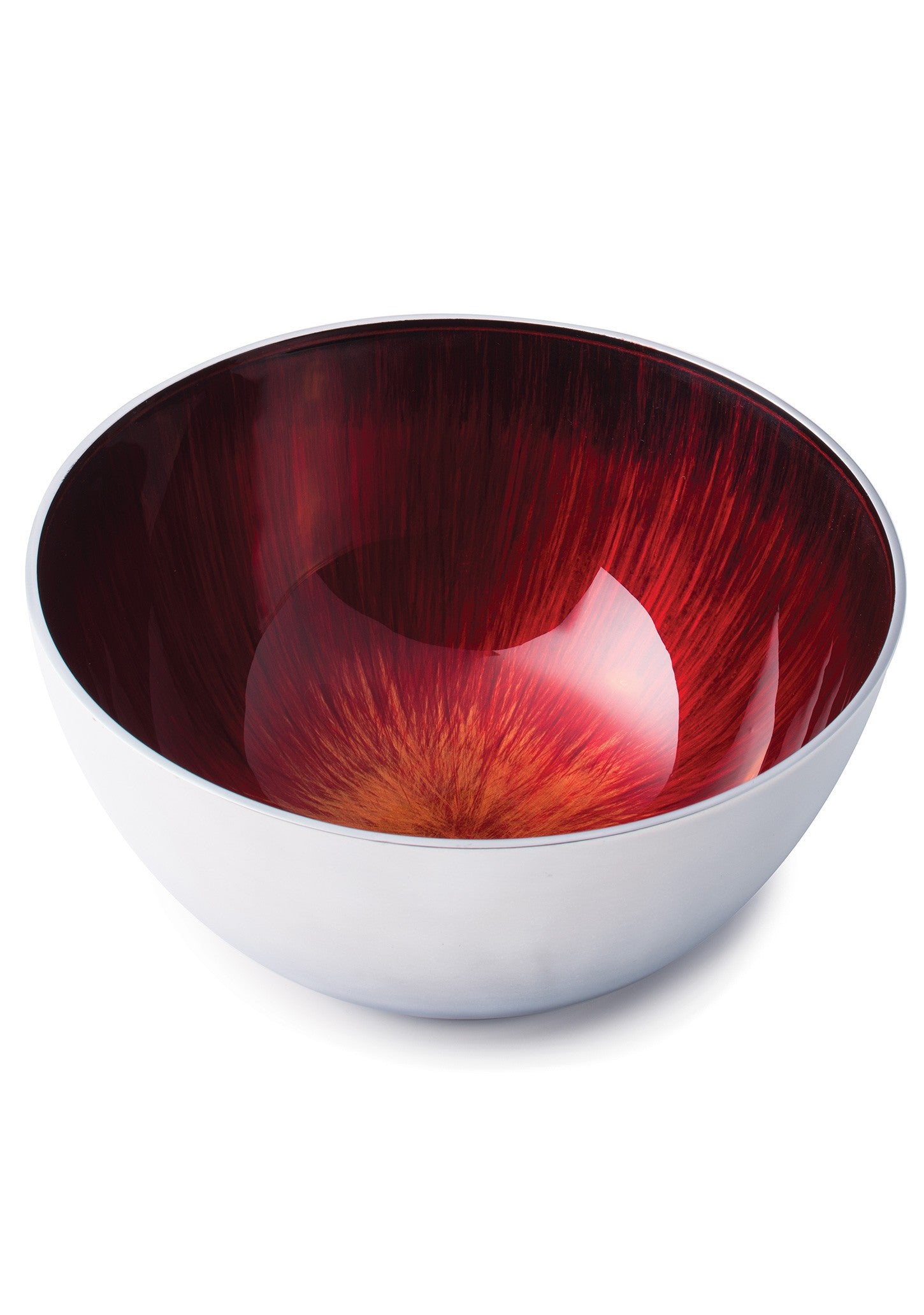 Large aluminium salad bowl with a red interior and silver exterior on a white background