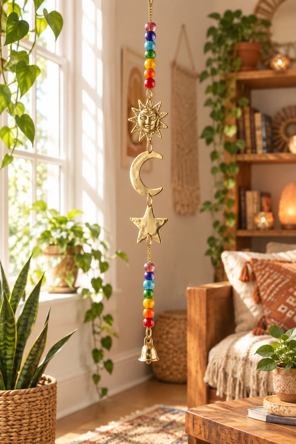 A bohemian-style hanging ornament with gold-toned celestial charms (sun, moon, star, bell) and colorful rainbow beads, suspended in a warm, plant-filled living room.