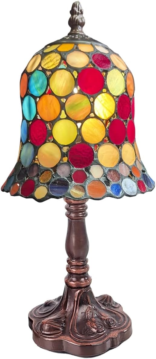 A multicoloured Tiffany-style table lamp with a stained glass shade, featuring a bronze base.