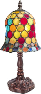 A multicoloured Tiffany-style table lamp with a stained glass shade, featuring a bronze base.