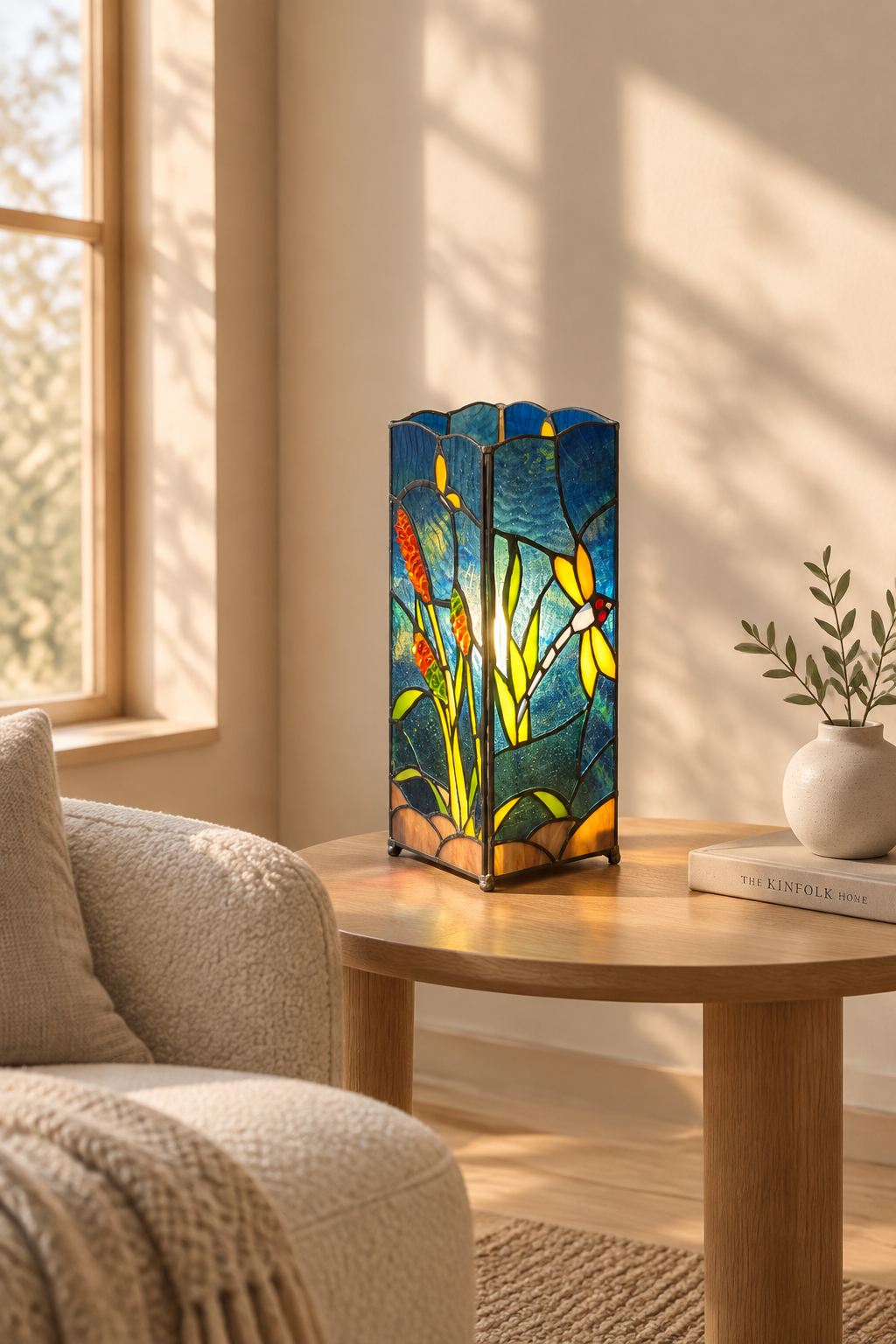 A stained-glass style table lamp with a floral design in blue, yellow, and orange tones, placed on a round wooden table in a sunlit living room next to a beige armchair and a small vase.