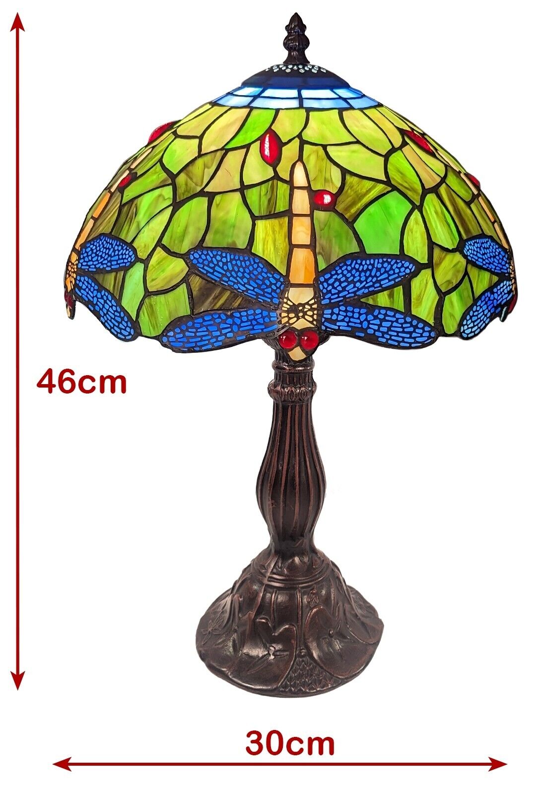 Tiffany-style lamp with dragonfly design and dimensions on a white background