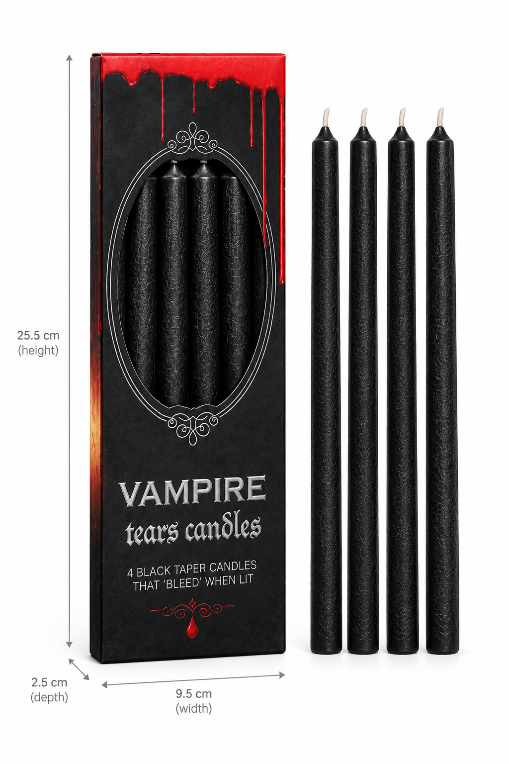 Pack of four black vampire tears candles shown next to their black packaging box with red dripping design. The image includes dimension labels for the box height, width, and depth.