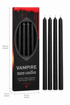 Pack of four black vampire tears candles shown next to their black packaging box with red dripping design. The image includes dimension labels for the box height, width, and depth.